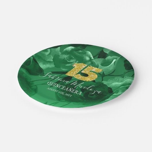 Emerald Green Quinceanera Gold #15 Paper Tellers Pappteller (Schrägansicht)