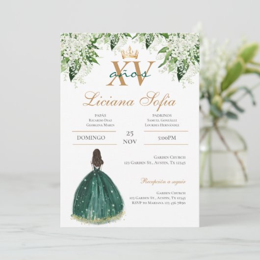 Emerald Green Quinceanera Invitation Einladung (Stehend Vorderseite)