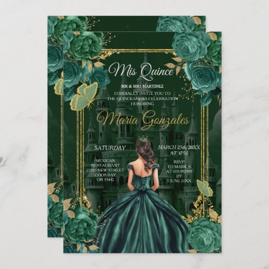 Emerald Green Quinceañera Princess Butterfly Einladung (Vorne/Hinten)