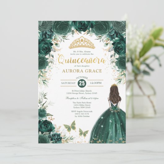 Emerald Green Quinceañera Princess Mis Quince Anos Einladung (Stehend Vorderseite)