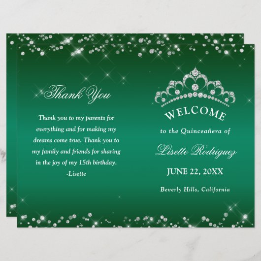 Emerald Green Quinceanera-Programm (Vorne/Hinten)