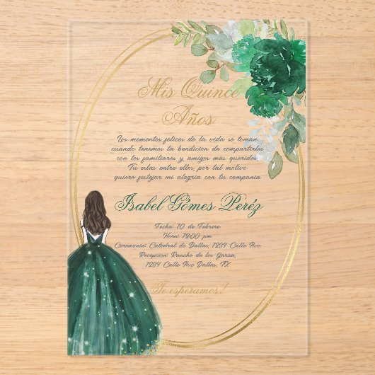 Emerald green Quinceanera Silhouette Acryleinladungen (Vorderseite)