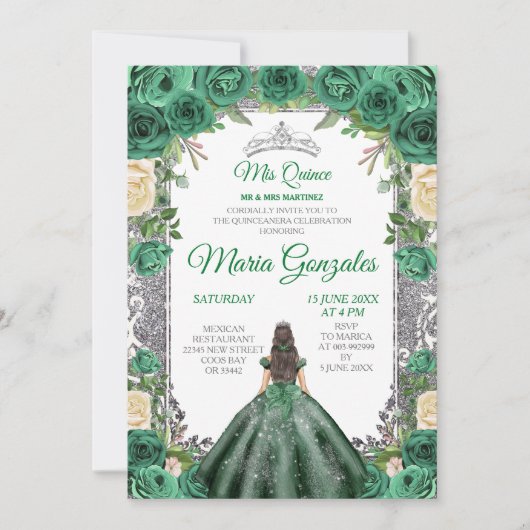 Emerald Green Quinceanera Silver Crown Glitzer Einladung (Vorderseite)