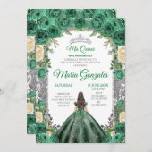 Emerald Green Quinceanera Silver Crown Glitzer Einladung (Vorne/Hinten)