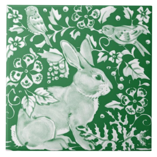 Emerald Green Rabbit Bird Woodland Floral Art Fliese (Vorderseite)