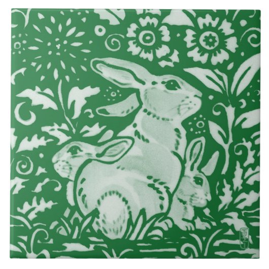 Emerald Green Rabbit Mama Chinoiserie Floral Fliese (Vorderseite)