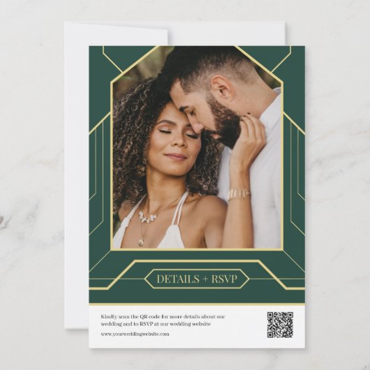 Emerald Green Retro Gold Art Deco QR Code Foto Einladung (Rückseite)