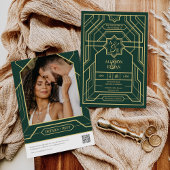 Emerald Green Retro Gold Art Deco QR Code Foto Einladung