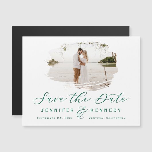 Emerald Green Romantic Brushed Foto Save The Date Magneteinladung (Vorne/Hinten)