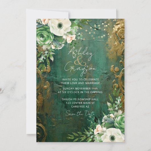 Emerald Green Romantic Floral Wedding Save The Date (Vorderseite)