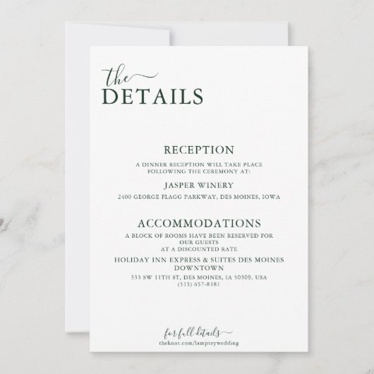 Emerald Green Romantic Foto Back Wedding Details Einladung (Vorderseite)