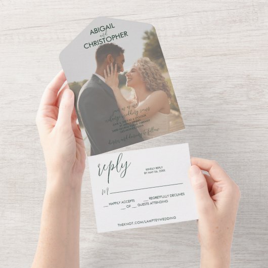 Emerald Green Romantic Foto Wedding All In One Einladung (Abreißen)