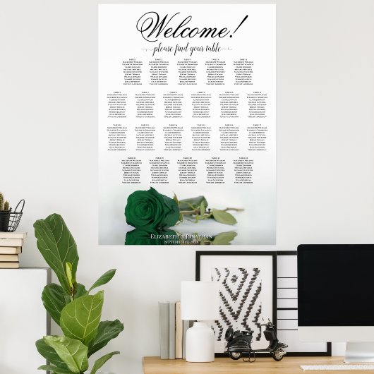 Emerald Green Rose 22 Table Wedding Seating Chart Poster (Heimbüro)
