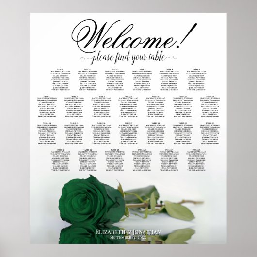 Emerald Green Rose 26 Table Wedding Seating Chart Poster (Vorne)