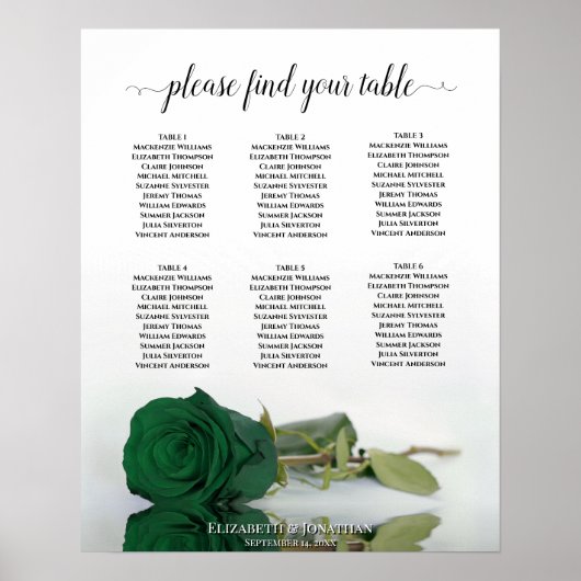 Emerald Green Rose 6 Table Wedding Chart Poster (Vorne)