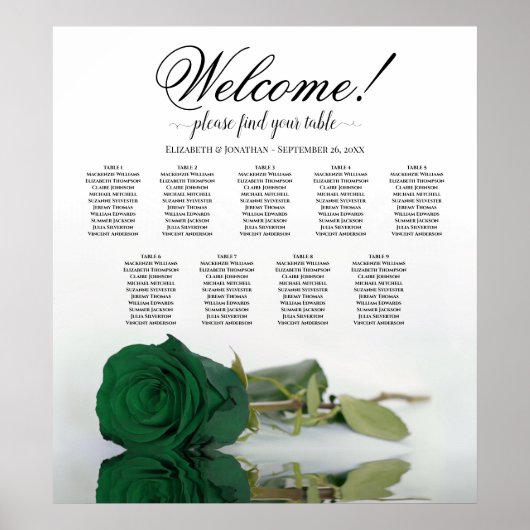 Emerald Green Rose 9 Table Wedding Chart Poster (Vorne)