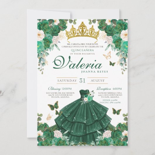 Emerald Green Rose Buttefly Princess Quinceanera Einladung (Vorderseite)