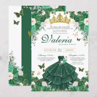 Emerald Green Rose Buttefly Princess Quinceanera Einladung
