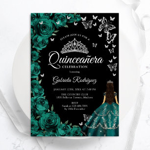 Emerald Green Rose Butterfets Quinceanera Einladung
