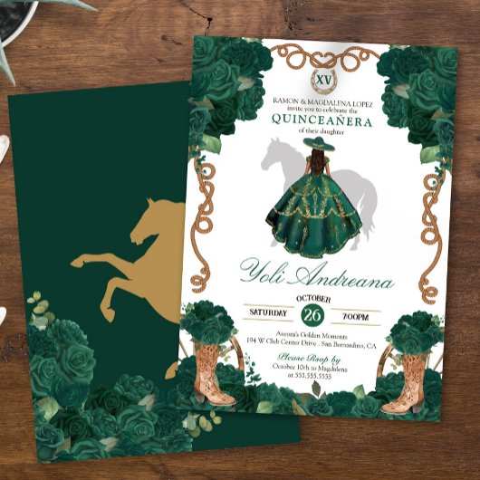 Emerald Green Rose Charro Vestidos Quinceañera Einladung