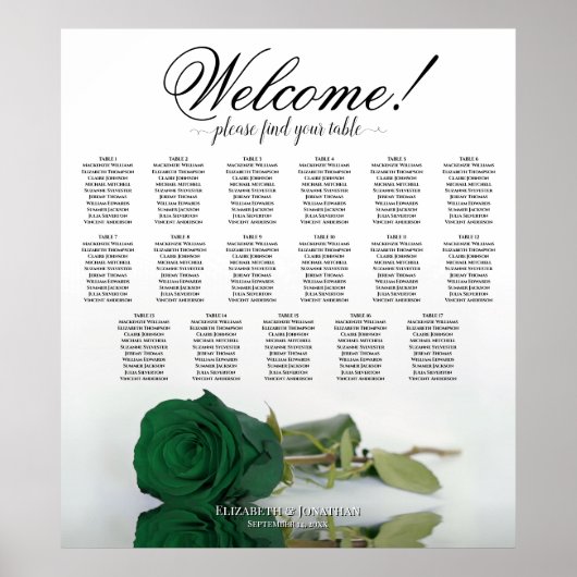Emerald Green Rose Elegant 17 Table Seating Chart Poster (Vorne)