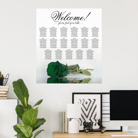 Emerald Green Rose Elegant 17 Table Seating Chart Poster (Heimbüro)