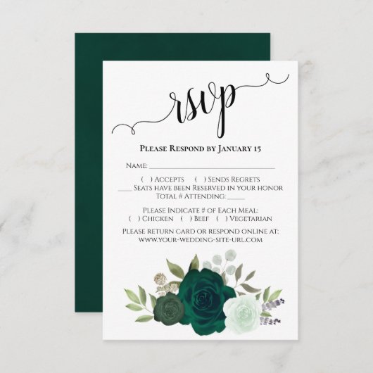 Emerald Green Rose Elegant Boho Chic Wedding RSVP Karte (Vorne/Hinten)