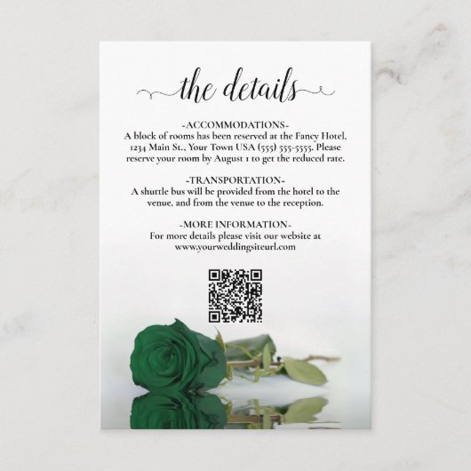 Emerald Green Rose Elegante Wedding Details QR Cod Begleitkarte (Vorderseite)