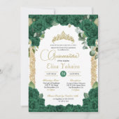 Emerald Green Rose Floral and Gold Quinceanera Einladung (Vorderseite)