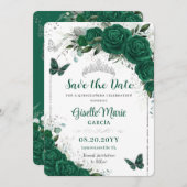 Emerald Green Rose Floral Quinceñera Butterfliegen Save The Date (Vorne/Hinten)