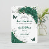 Emerald Green Rose Floral Quinceñera Butterfliegen Save The Date (Stehend Vorderseite)