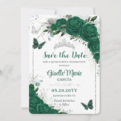 Emerald Green Rose Floral Quinceñera Butterfliegen Save The Date (Vorderseite)