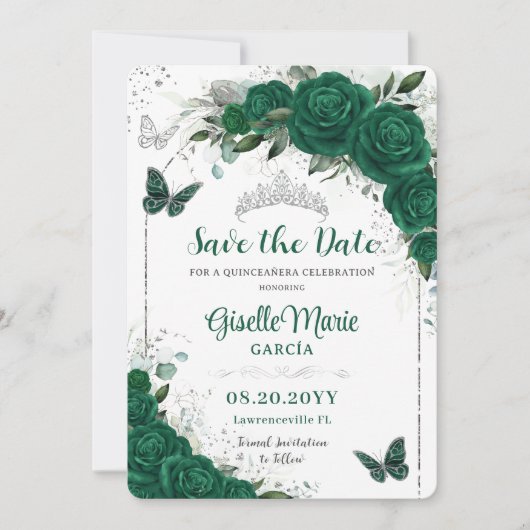 Emerald Green Rose Floral Quinceñera Butterfliegen Save The Date (Vorderseite)