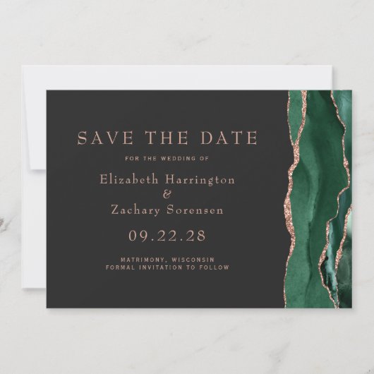 Emerald Green Rose Gold Agate Dark Save the Date Einladung (Vorderseite)