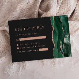 Emerald Green Rose Gold Agate Dark Wedding RSVP Karte