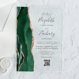Emerald Green Rose Gold Agate QR Code Wedding Acryleinladungen