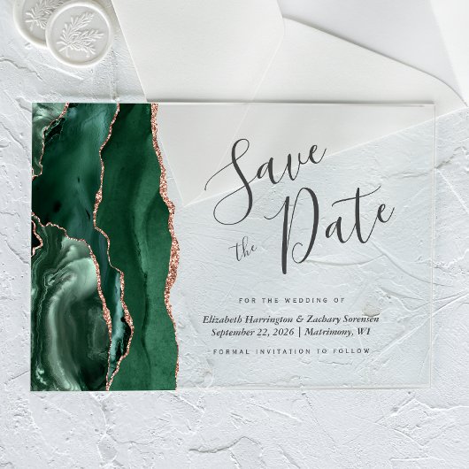 Emerald Green Rose Gold Agate Save the Date Card Acryleinladungen