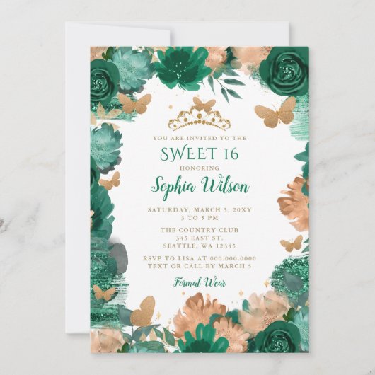 Emerald Green Rose Gold Butterflies Sweet 16 Einladung (Vorderseite)