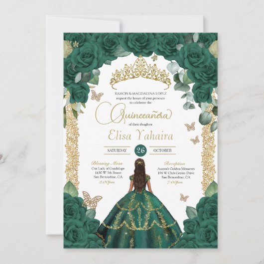 Emerald Green Rose & Gold Butterfly Quinceanera Einladung (Vorderseite)