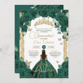 Emerald Green Rose & Gold Butterfly Quinceanera Einladung (Vorne/Hinten)