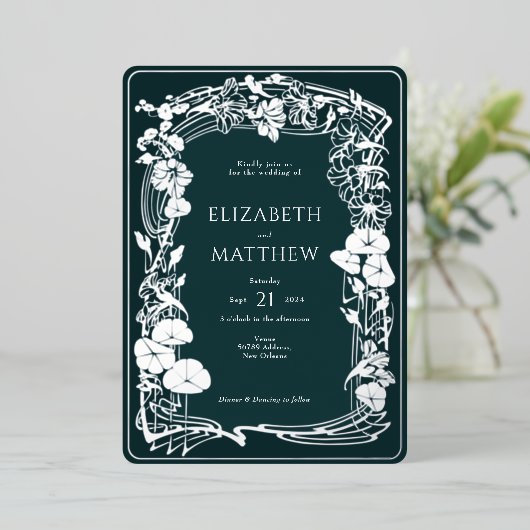 Emerald Green Rose Gold Floral Wedding Folieneinladung (Stehend vorne)