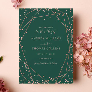 Emerald Green Rose Gold Glitzer Geometric Wedding Save The Date