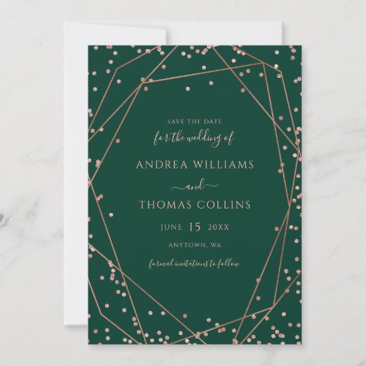 Emerald Green Rose Gold Glitzer Geometric Wedding Save The Date (Vorderseite)