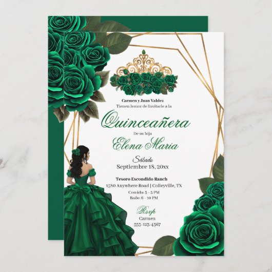 Emerald Green Rose Gold Quinceañera Einladung (Vorne/Hinten)