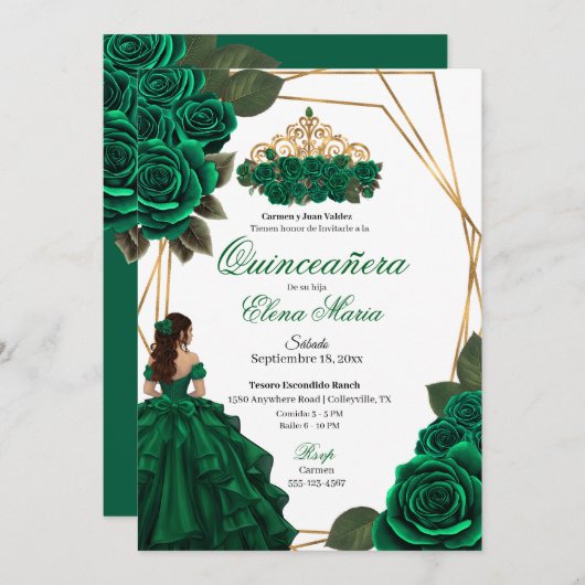 Emerald Green Rose Gold Quinceañera Einladung (Vorne/Hinten)