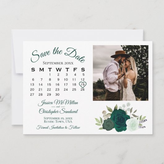 Emerald Green Rose Hochzeitkalender & Foto Save The Date (Vorderseite)