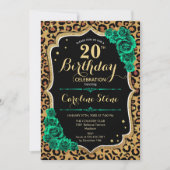 Emerald Green Rose Leopard Print 20. Geburtstag Einladung (Vorderseite)