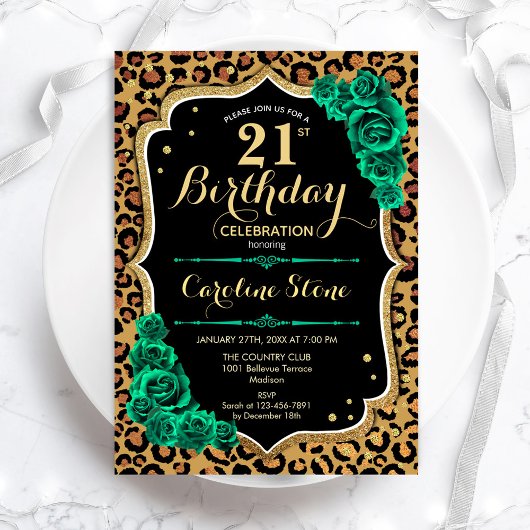 Emerald Green Rose Leopard Print 21. Geburtstag Einladung