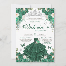 Emerald Green Rose & Silver Butterfly Quinceanera Einladung
