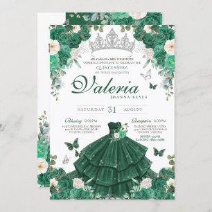 Emerald Green Rose & Silver Butterfly Quinceanera Einladung